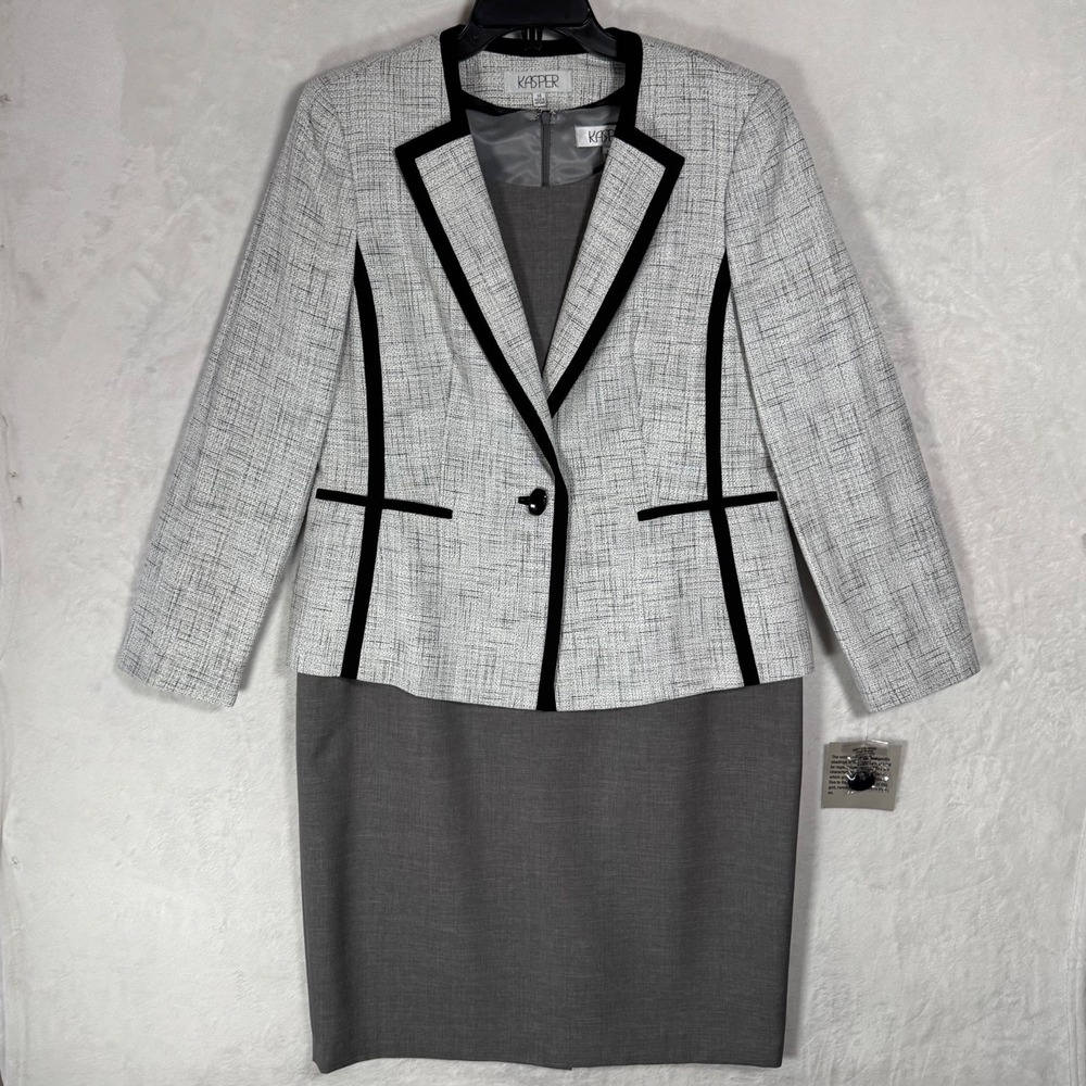 NWT Kasper Tweed Jacket Dress‎ Suit Size 14 Grey Sheath Contrast Trim 2 Pc Set